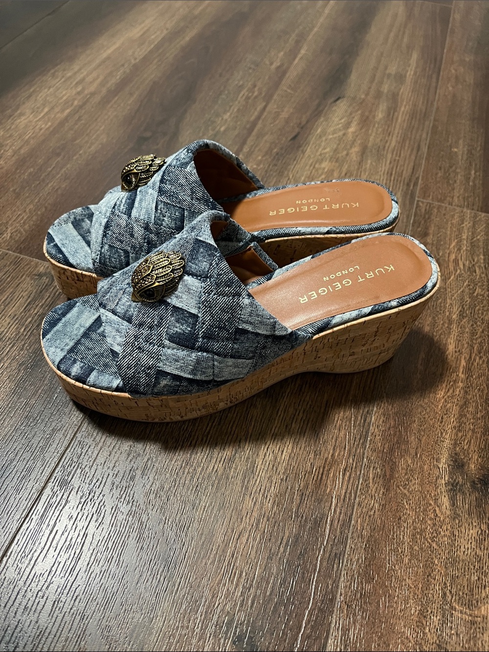 Kurt Geiger Denim Woven Cork Slide Wedges with Gold Emblem - Picture 7 of 10